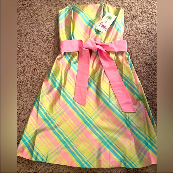 Colorful Plaid Kids Dress with Pink Bow - Picture 1 of 3